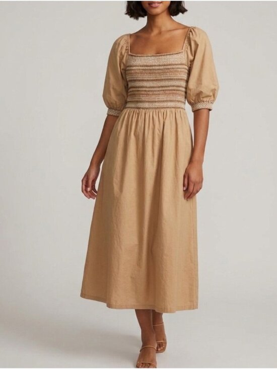 Old Navy Dresses & Skirts - 100 % Cotton Summer Dress Midi Size Large Smocked Puff Sleeves Milkmaid Coquette